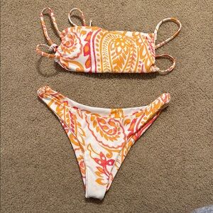 SHEIN Orange Pink Paisley Bandeau Bikini Set